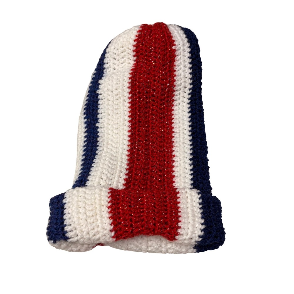 Vintage Hand Knitted Beanie Hat Red White Blue Stripes Sparkle Winter Warm Cozy